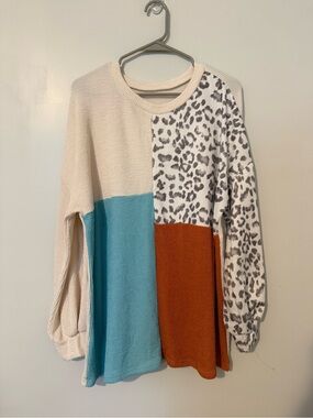 Source Unknown Cream, Teal & Rust Colorblock Leopard Crewneck Sweater